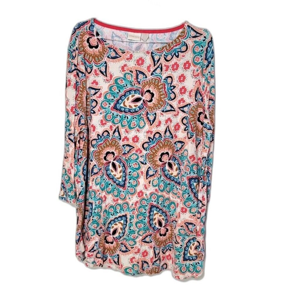 Chicos Womens sz 3 multicolored paisley floral stretch long sleeve casual